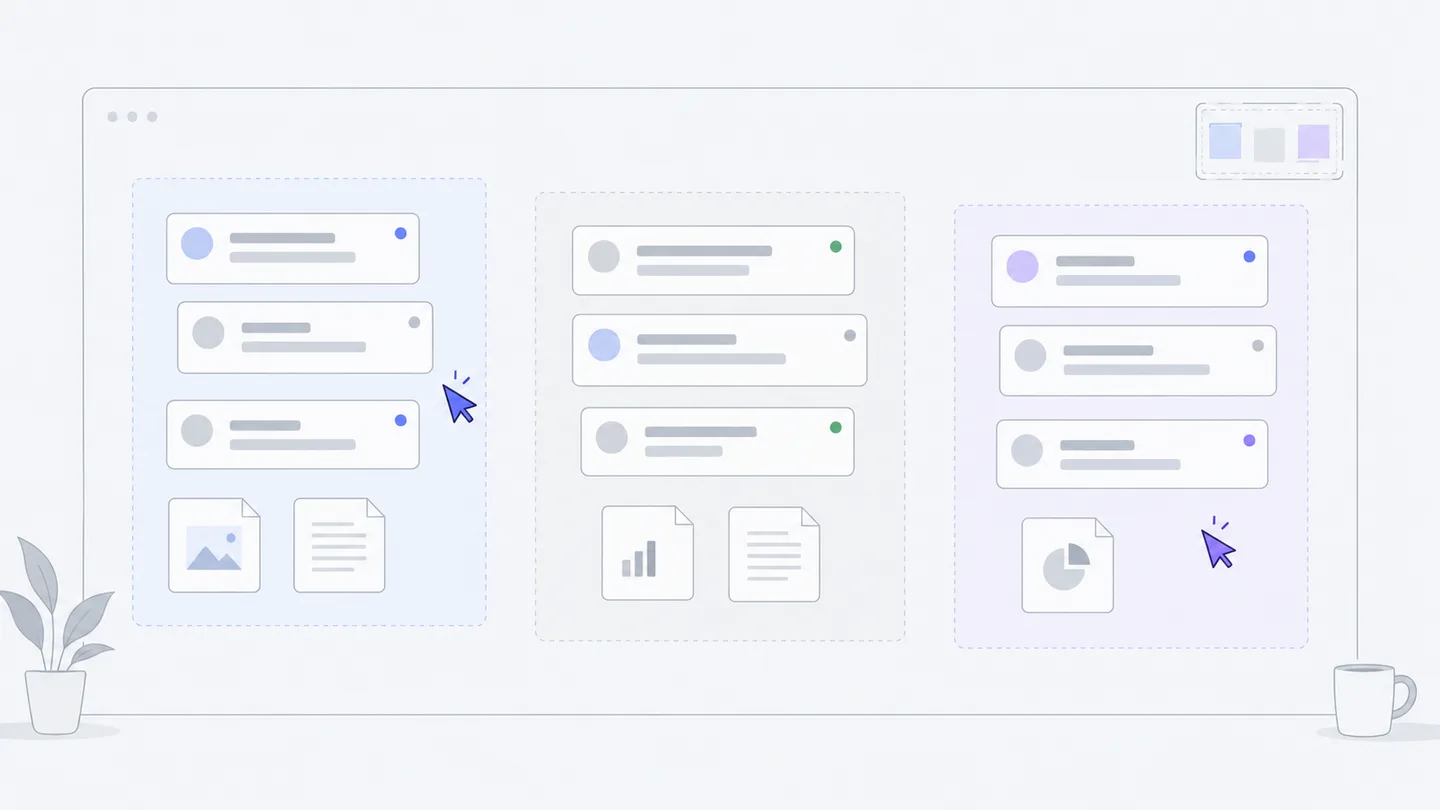 Tres grupos de conversaciones y archivos comparten un lienzo, con dos cursores de colaboradores en grupos distintos.