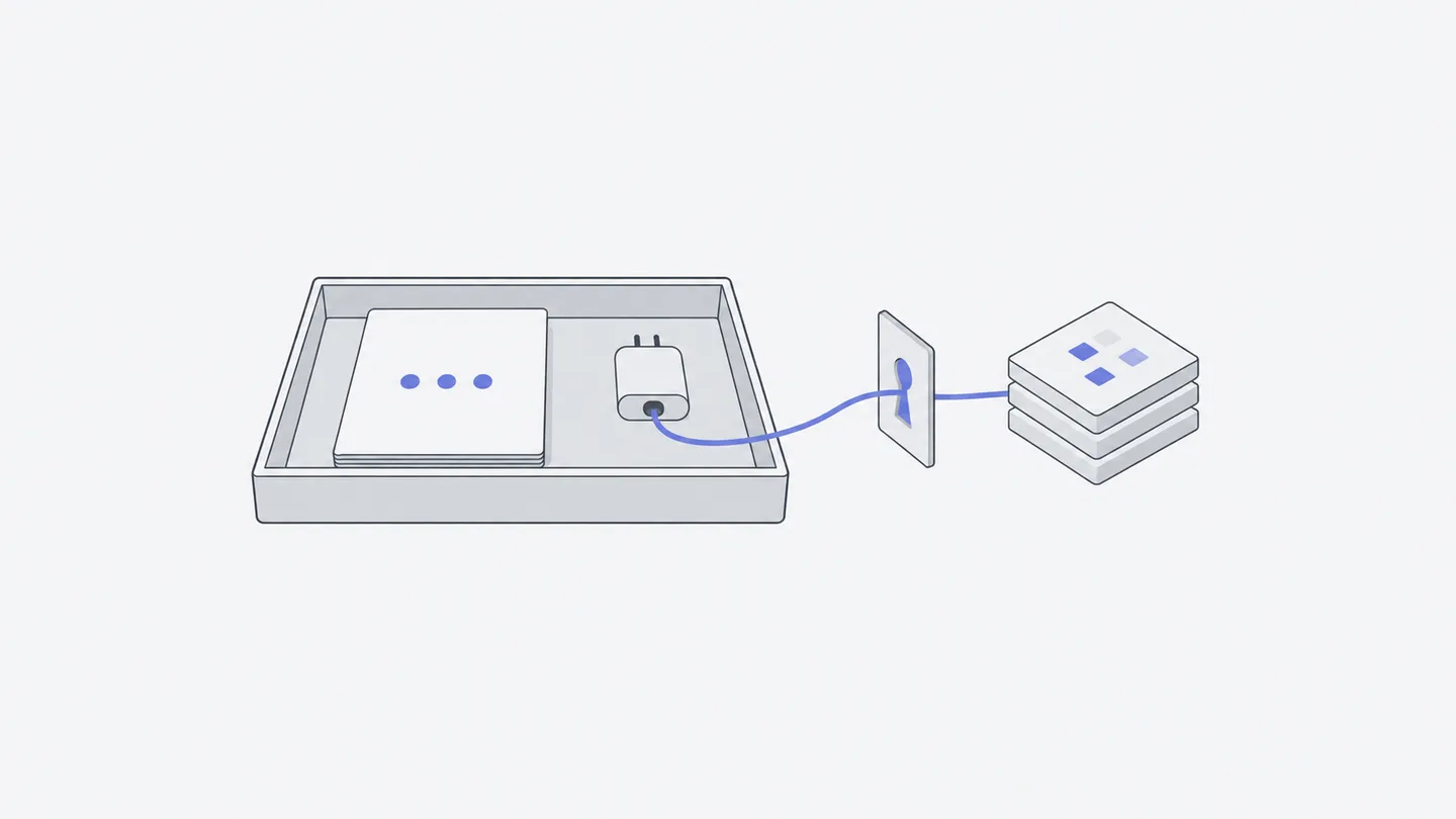 A toolkit holds a guide and connector; its cable passes through a keyhole gate to external data.