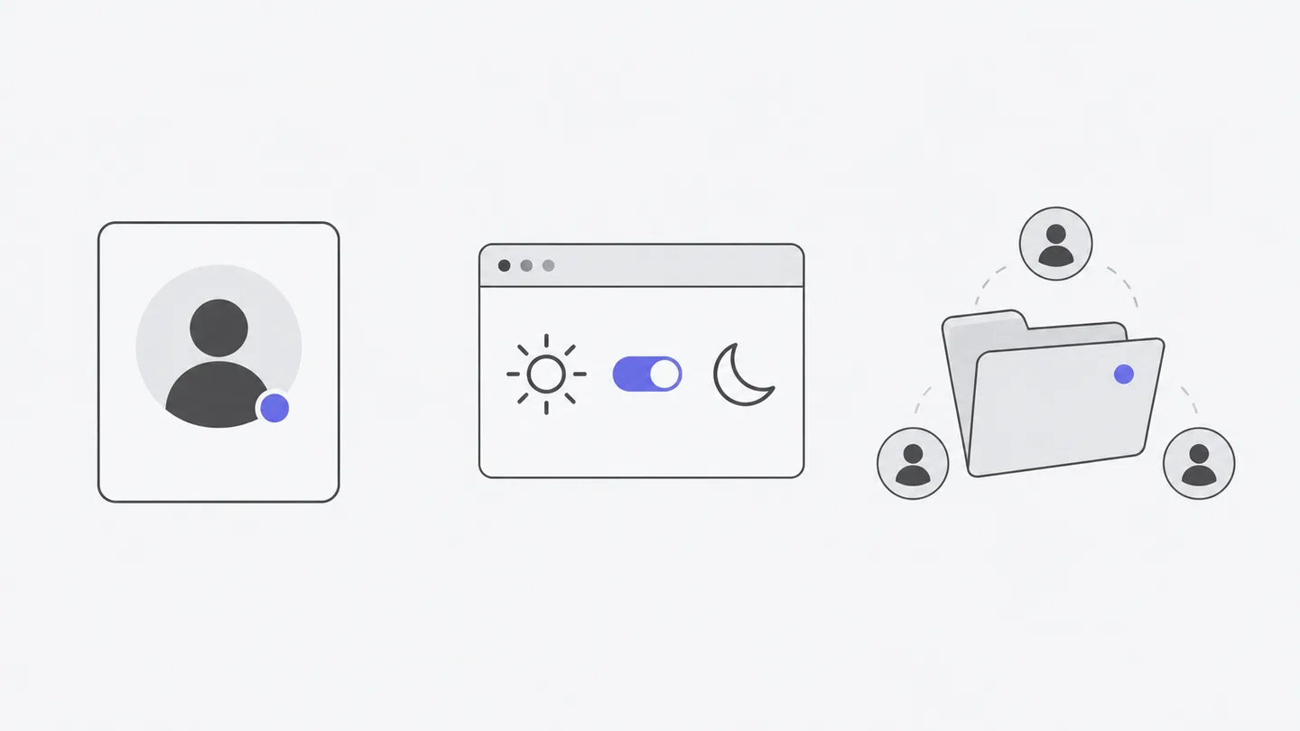 A profile card, a theme switch in a browser, and a shared folder with members form three separate groups.