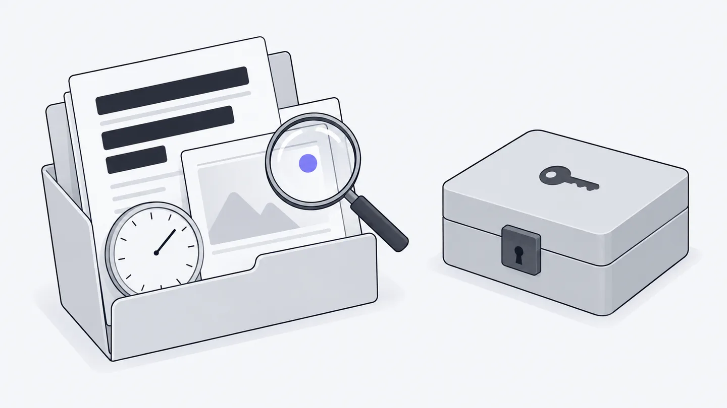 A magnifying glass inspects a screenshot beside a clock and redacted documents; a separate locked box protects keys.