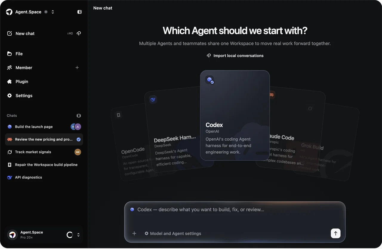 Agent.Space Workspace with Codex selected in the Agent harness chooser